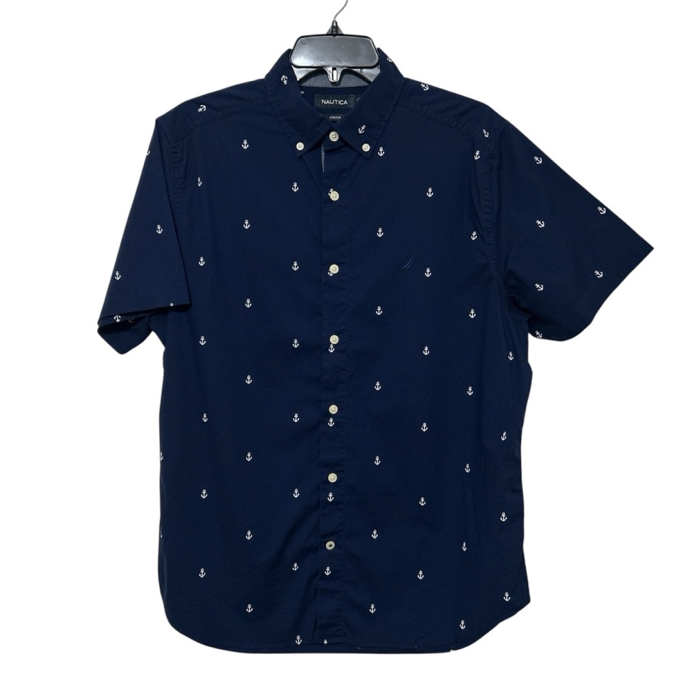 Nautica Men's Navy Blue Anchor Print Short Sleeve Button-Down Shirt